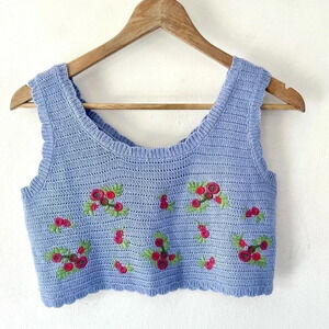 Crochet‎ & Embroidered Floral Short Cropped Sleeveless Purple Top
